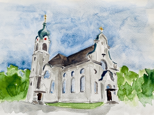 Kirche St. Nikolaus Brugg von Sue Gebard mit Aquarellfarben gemalt.